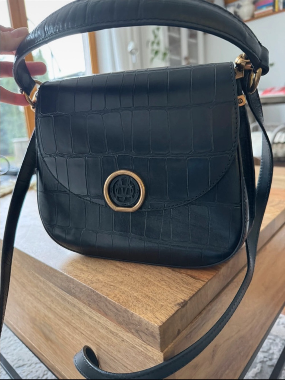 Massimo Dutti Black Croc-Embossed Shoulder Bag with Gold Logo
